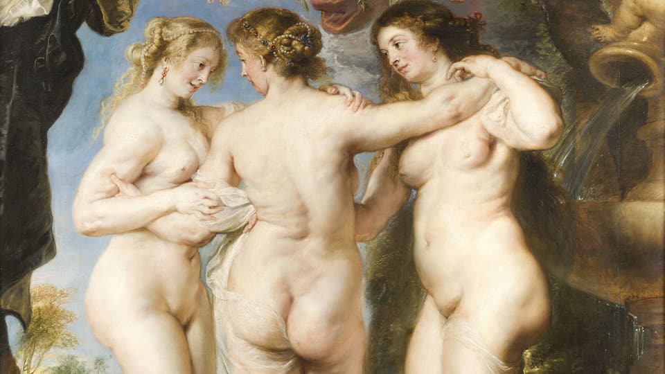 Gemälde von Peter Paul Rubens: Drei füllige Grazien tanzen nackt.