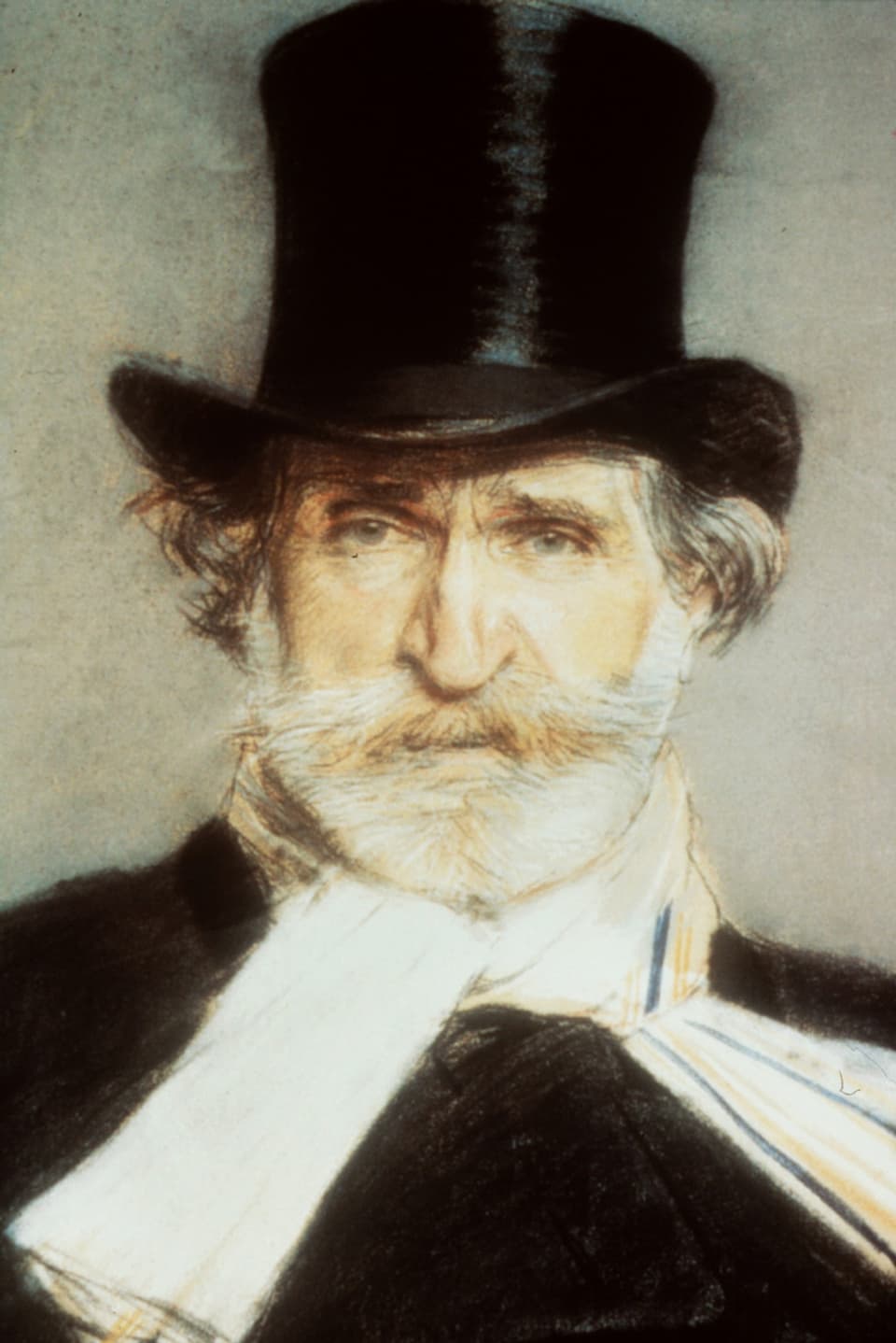 Portrait Giuseppe Verdi mit Zylinder und weissem Schal.
