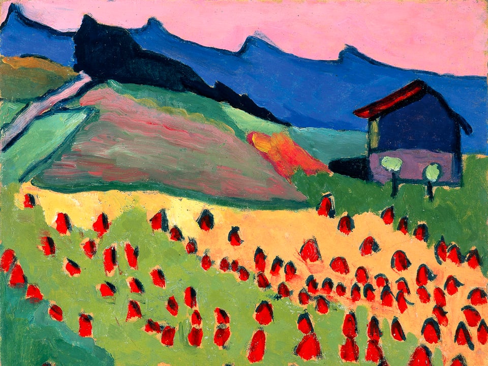 Gabriele Münter: Landschaft mit Hütte im Abendrot, 1908, Öl auf Papier auf Karton, 33 x 40.8 cm. Kunstsammlungen Chemnitz - Museum Gunzenhauser