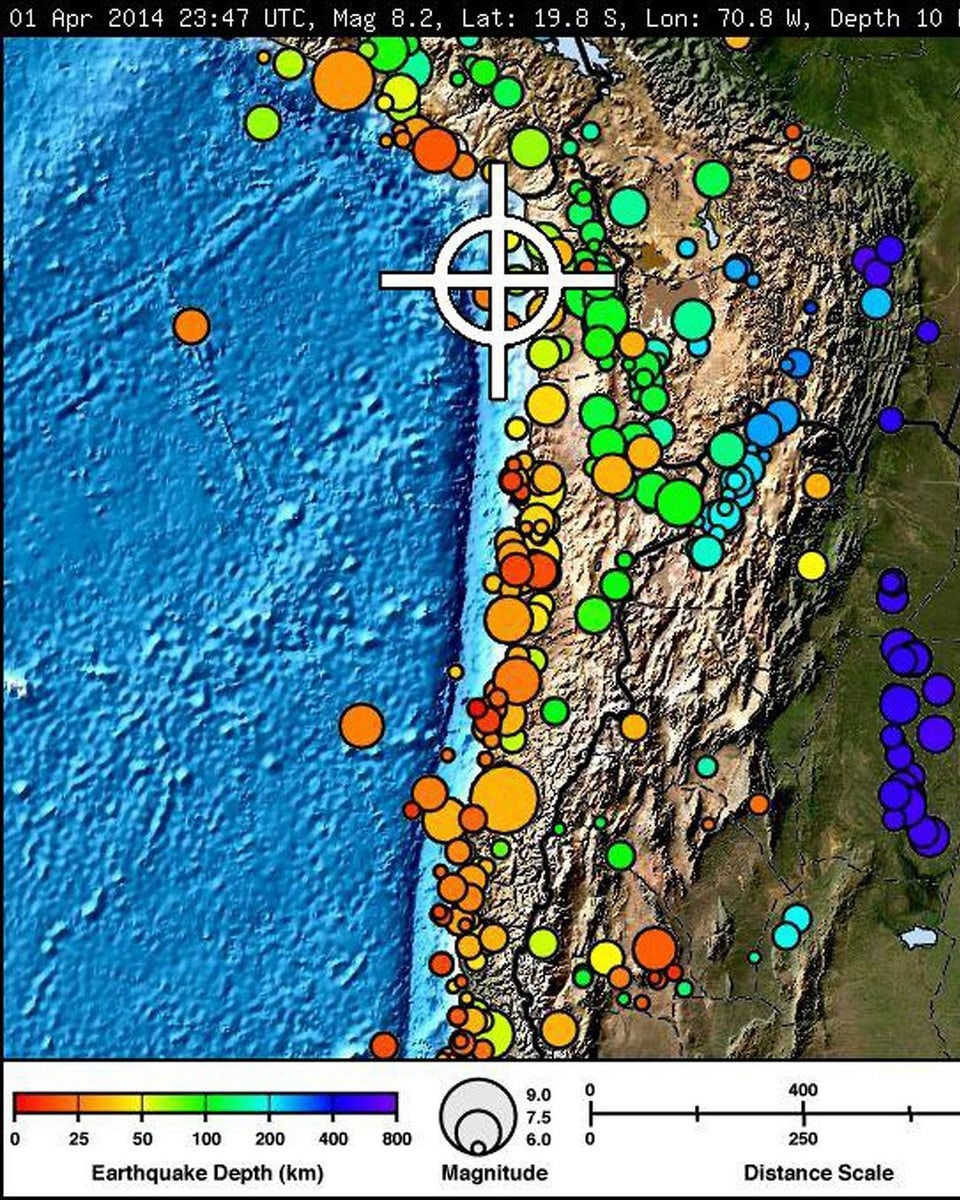 Die Karte der US-Erdbebenwarte zeigt die Stärke des Erdbebens an der chilenischen Küste.