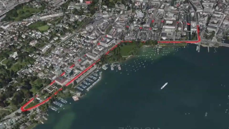 Virtuelle Karte der Stadt Zürich, darauf rot die Rennstrecke