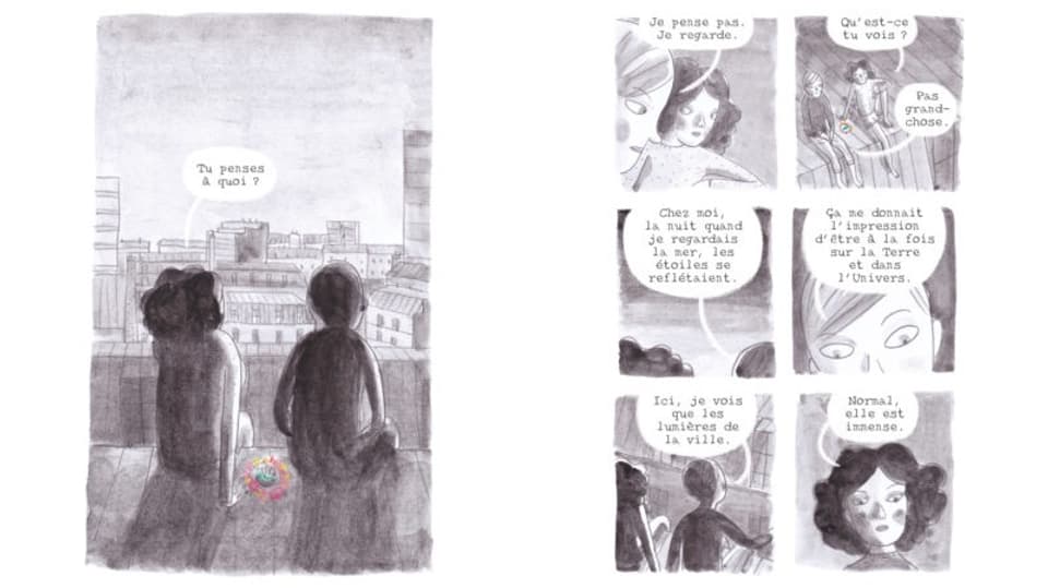 Links Bild Hochformat, zwei Figuren schauen auf Stadt, rechts 6 kleine Bilder, die zwei im Gespräch.