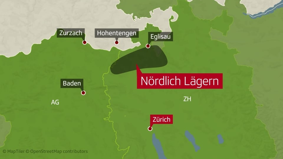 Schweizer Karte: Das Endlager Nördlich Lägern liegt zwischen den Kantonen Aargau und Zürich und der Deutschlandgrenze.