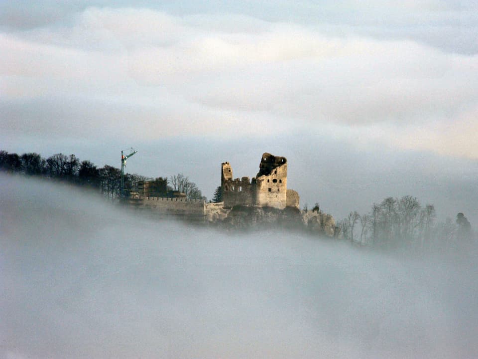 Aus dem Nebel ragen das alte Gemäuer der Ruine Pfeffingen.