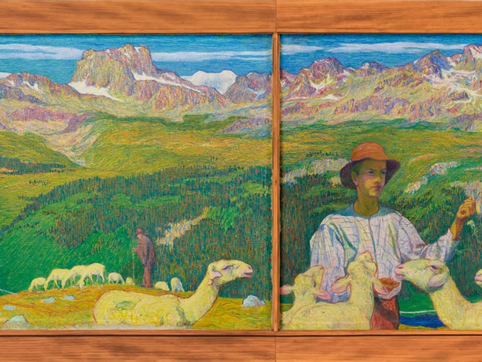Giacomettis Gemälde in der Detailansicht zeigt Hirte mit Schafen