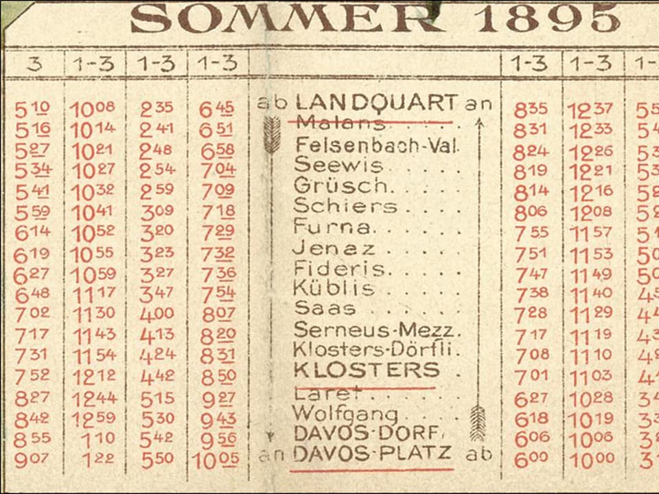 Sommerfahrplan 1895 auf vergilbtem Papier.