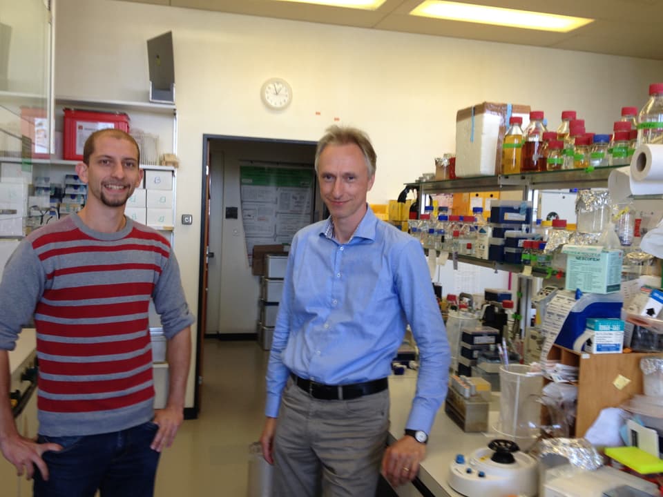 Alain Casanova (links) und Prof. Christoph Dehio im Molekularbiologie-Labor der Universität Basel.