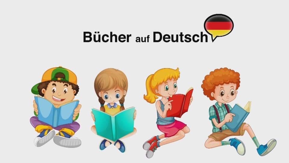 Animation, die Kinder beim Lesen zeigt mit der Überschrift «Bücher auf Deutsch»