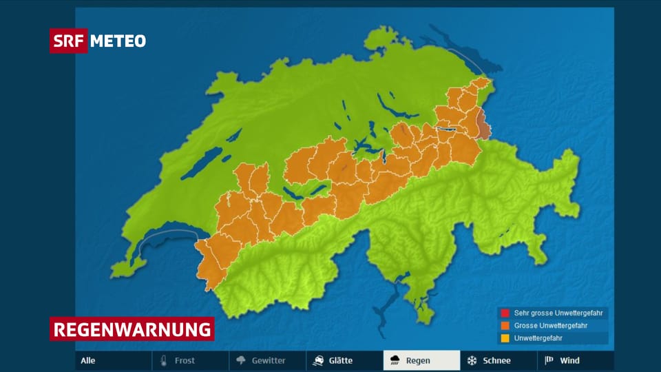 Schweizer Karte mit Regenwarnungen.
