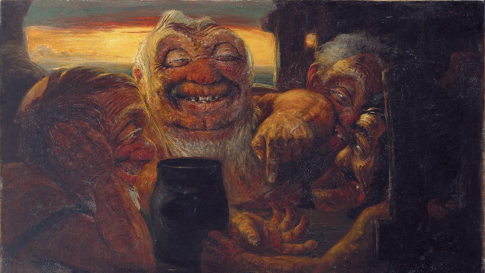 Ein Gemälde: Drei düstere Gestalten sitzen vor einem schwarzen Kessel.