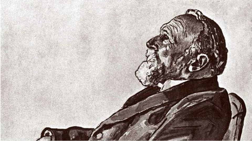 Carl Spitteler als alter Mann im Profil gemalt. 