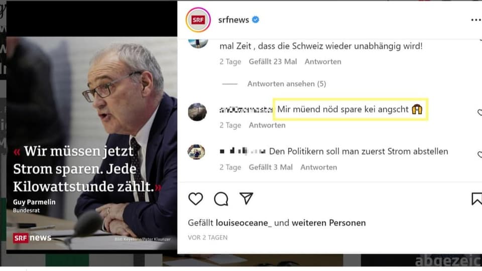 Screenshot eines SRF-Instagram-Posts: «Wir müssen nicht sparen, keine Angst», so der User auf Schweizerdeutsch.