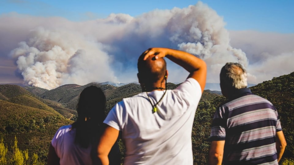 Menschen beobachten einen Waldbrand in Portugal