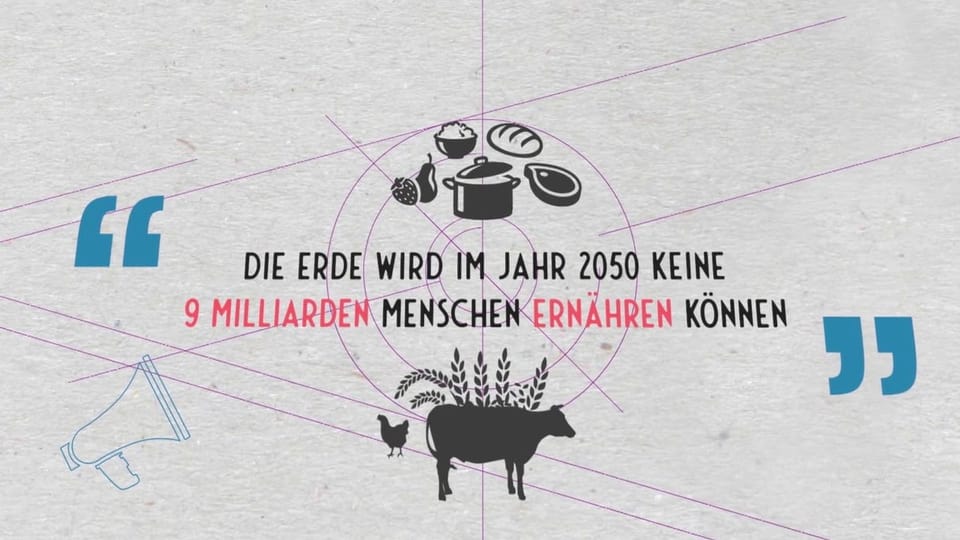 Schriftzug «Die Erde wird im Jahr 2050 keine 9 Milliarden Menschen ernähren können» auf neutralem Hintergrund