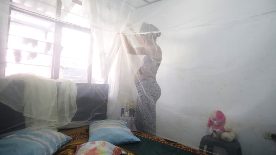 Frau spannt Mückennetz über Bett