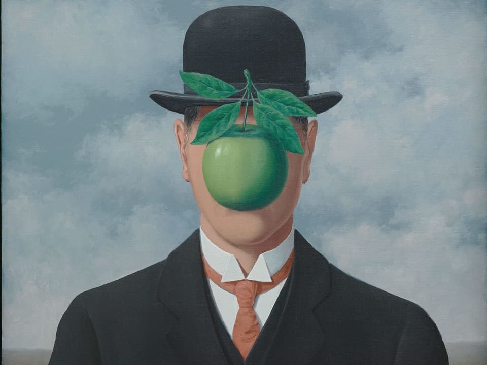 Bild von René Magritte, Mann mit Hut und grünem Apfel vor dem Gesicht