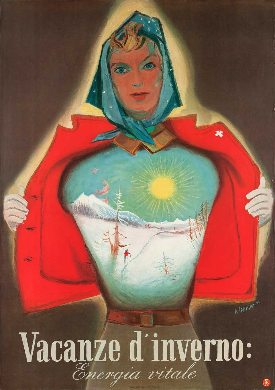 Bild einer Frau, die ihre Jacke aufhält. Auf ihrem Oberkörper ist eine Schneelandschaft zu sehen. 