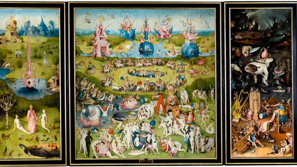 Ein dreiteiliges Bild, das den Garten Eden sowie die Zerstörung durch den Menschen zeigt. 