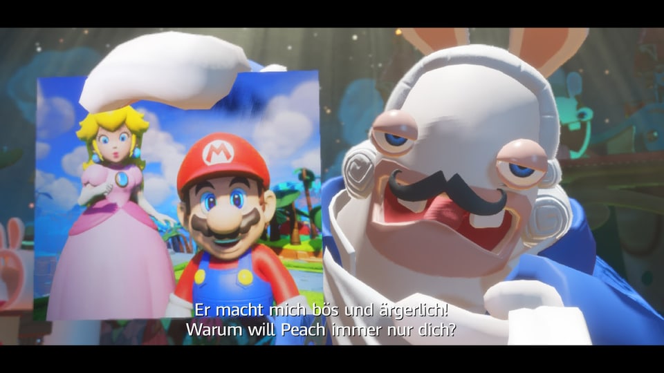 "Er macht mich bös und ärgerlich, warum will Peach immernur dich?!" singt der Boss als er ein Foto von Mario und Peach in die Höhe hält. 