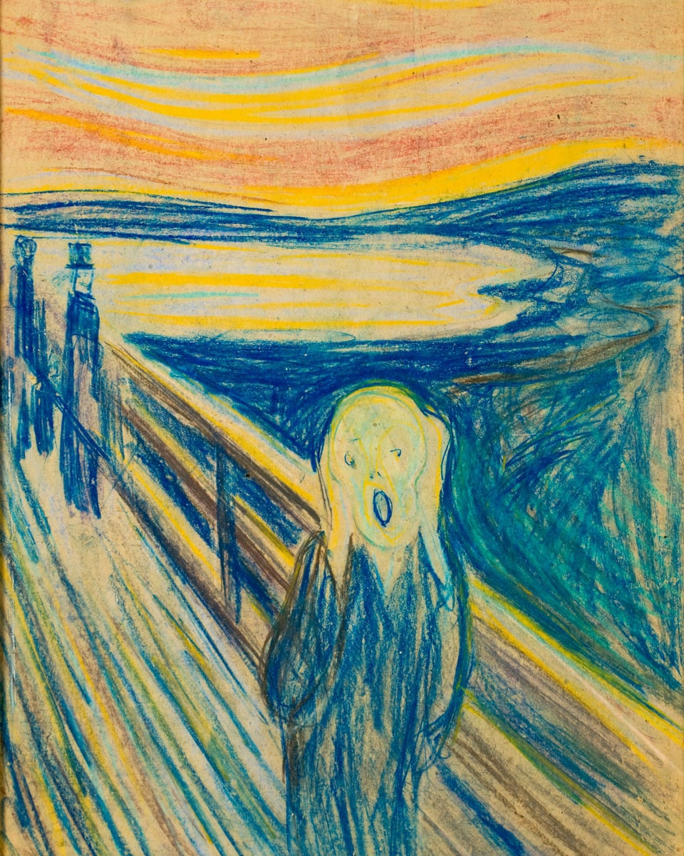 Zeichnung: Ein Mensch schaut mit weit geöffnetem Mund und den Händen an den Ohren aus dem Bild. Im Hintergrund ein Steg und eine Uferlandschaft.