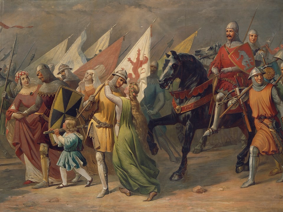 Das Bild zeigt Ritter, die Schilder und Fahnen tragen und Frauen begrüssen. 