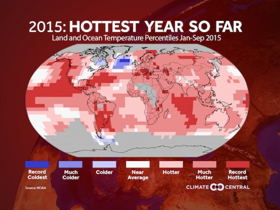 Die Grafik zeigt eine Weltkarte mit den Temperaturabweichungen des Jahres 2015 zum langjährigen Durchschnitt.