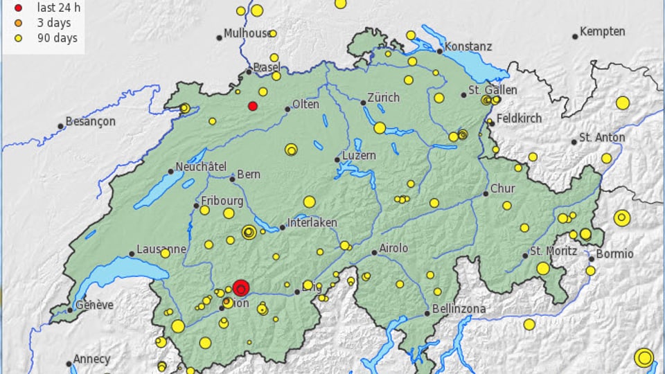 Schweizer Karte mit Markierungen der registrierten Erdbeben in den letzten 90 Tagen.