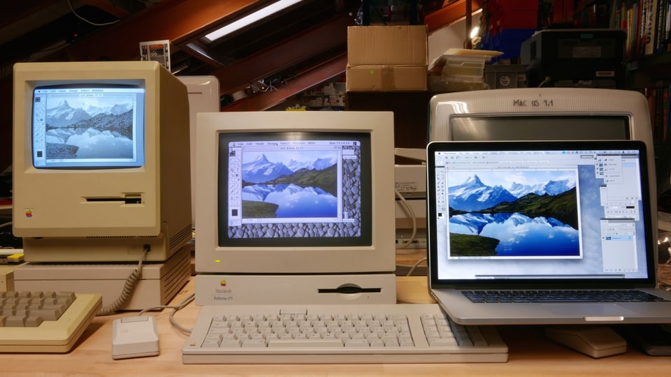 Drei Apple-Computer mit Photoshop: Von der Ur-Version bis zum heutigen Super-Programm auf dem Super-Rechner.