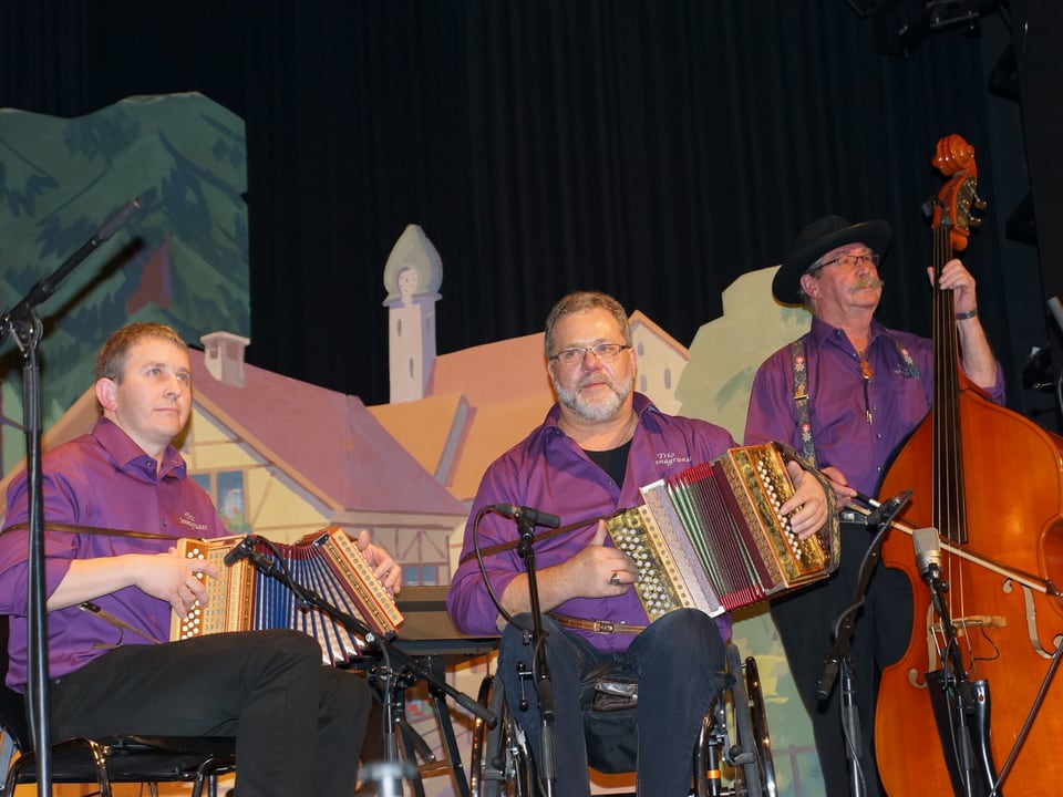 Drei Männer in violetten Hemden spielen Schwyzerörgeli und Kontrabass.