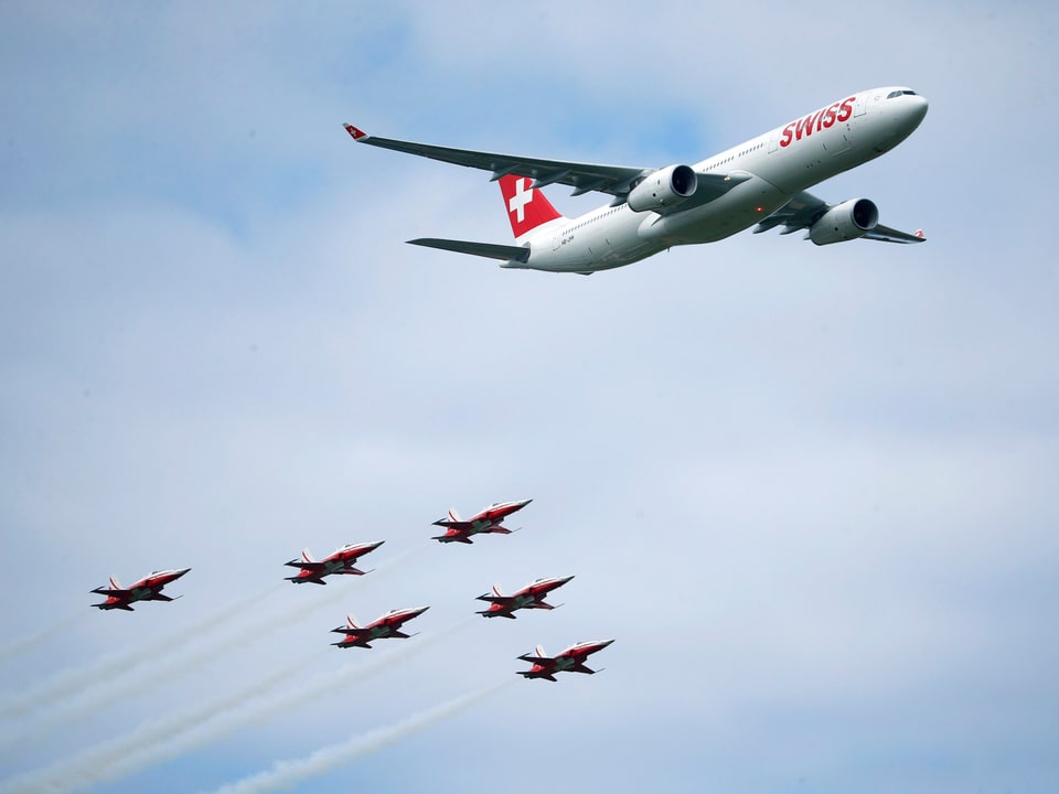 Rechts ein grosses Linienflugzeug mit Schweizer Fahne auf der Heckflosse. Hinten fliegen die sechs Jets der Patrouille Suisse in einer Pfeilformation und mit Rauch.