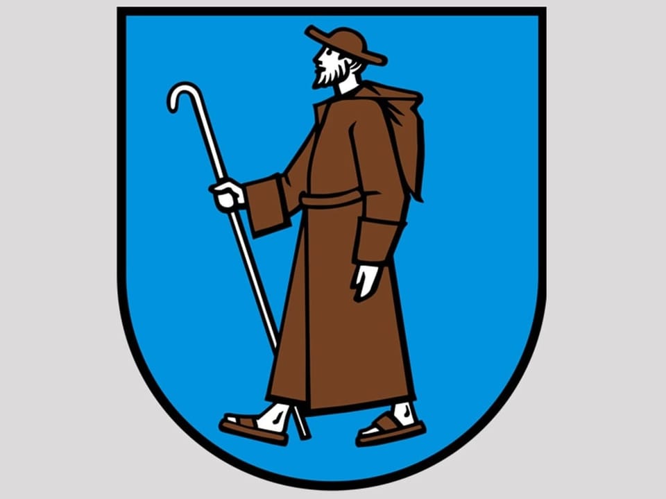 Ein Wappen, das einen Mönch mit brauner Kutte auf blauem Grund abbildet. 