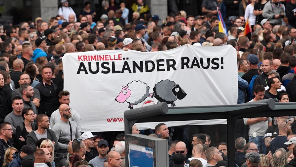 Demonstranten mit Transparent mit SVP-Schafen (schwarz und weiss)