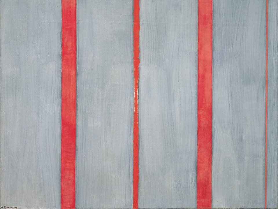 Gemälde mit grauem Hintergrund und roten Streifen.