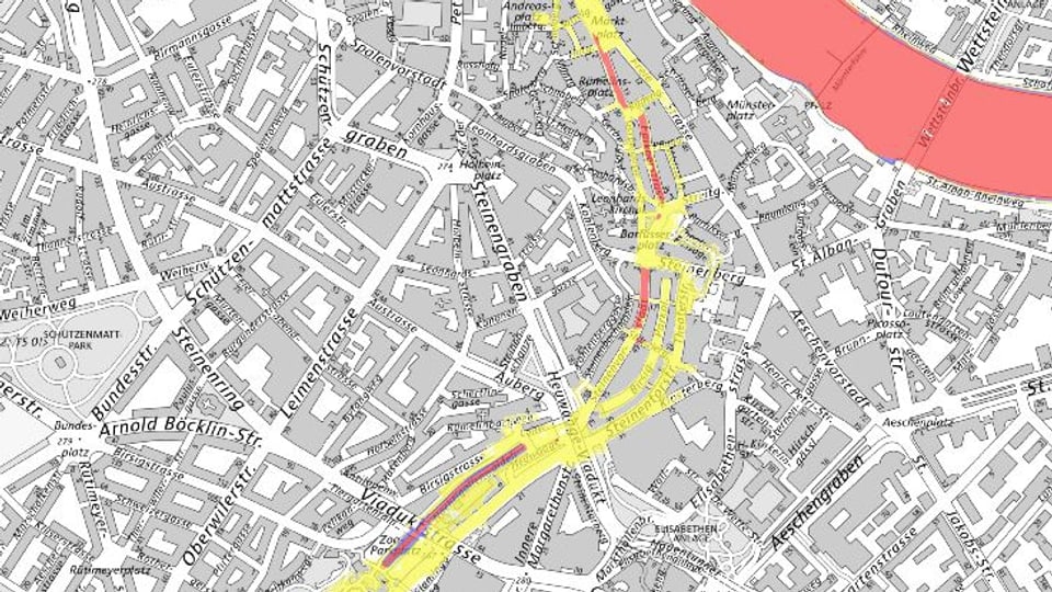 Gefahrenkarte des Kantons, Ausschnitt mit dem Birsigparkplatz, bis hin zurm Rhein. Rote Gebiete finden sich im Abschnitt zwischen Birsigparkplatz bis hin zur Schifflände.