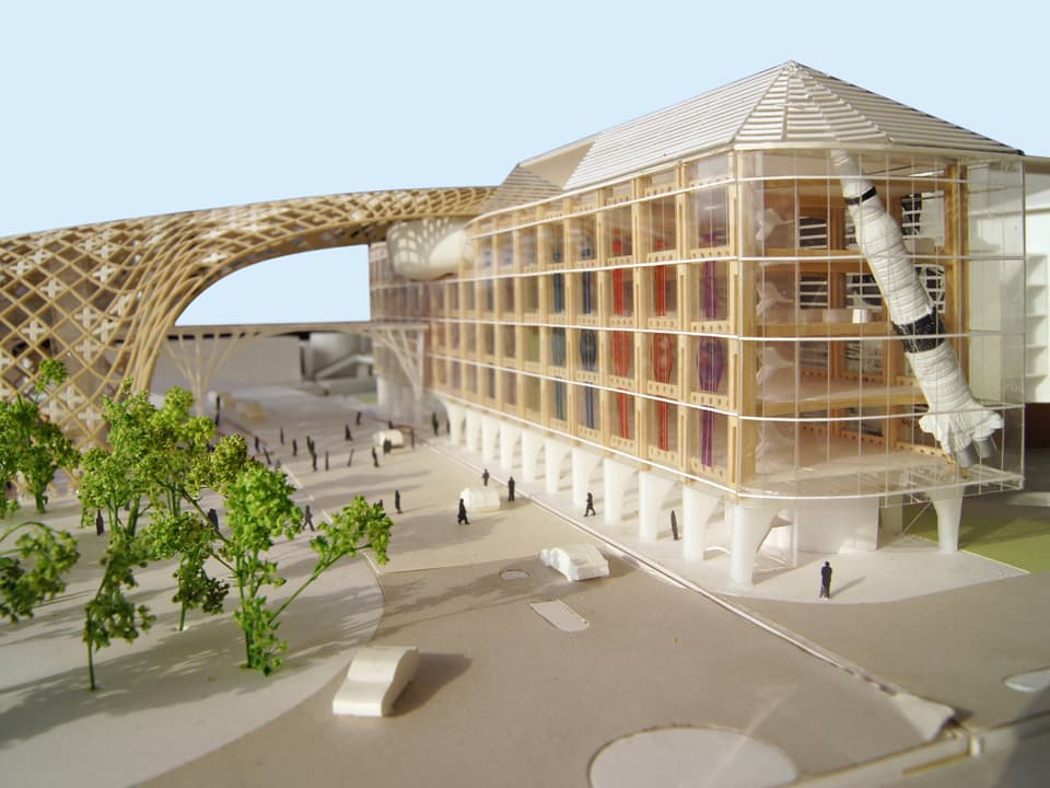 Modell des neuen Hauptgebäudes mit Holzstruktur der Swatch Group in Biel. 