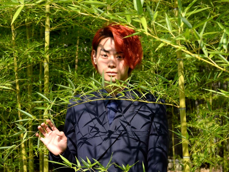 «Tomogui»-Darsteller Masaki Suda posiert in Locarno für Fotografen, und wird teilweise von Ästen verdeckt.