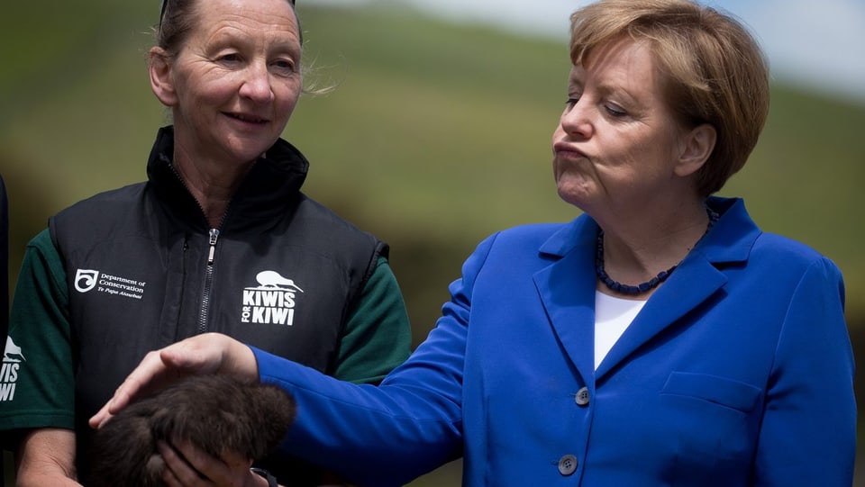 Bundeskanzlerin Angela Merkel tätschelt einen Kiwi.