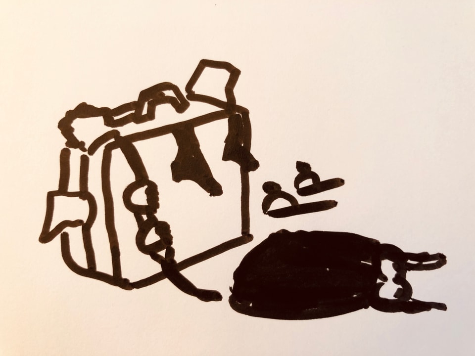 Zeichnung mit Koffer, aus dem Dessous quellen