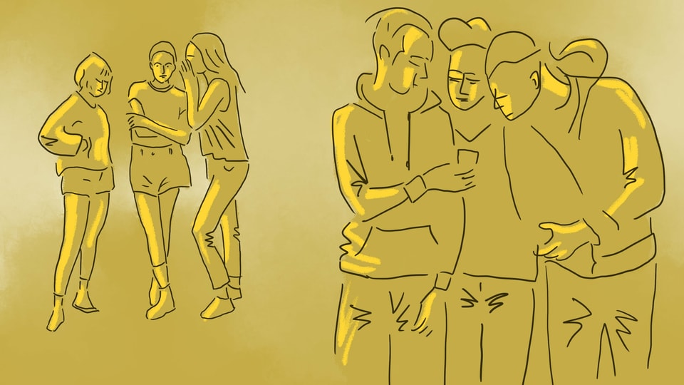 eine Illustration einer Gruppe von Jungs, die sich ein Handy herumreichen und Mädchen, die im Hintergrund darüber flüstern