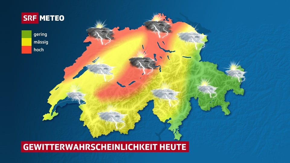 Entlang des Juras, am Nordrand der Schweiz und in den Voralpen ist die Gewittergefahr besonders hoch.