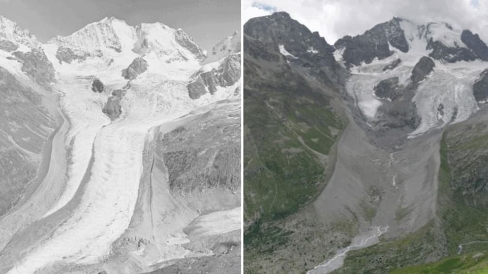 Der Tschierva Glacier, links im Jahre 1930 und rechts viel kleiner im Jahre 2022. 
