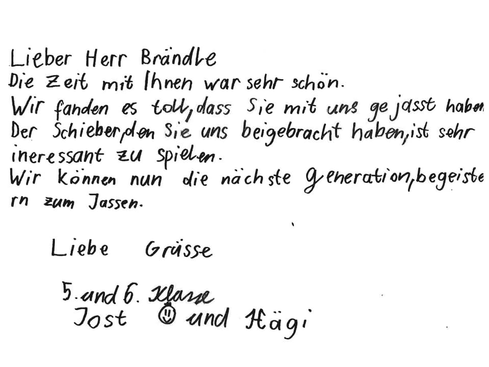 Brief einer 5. und 6. Klasse nach einem Besuch von Hansruedi Brändle.