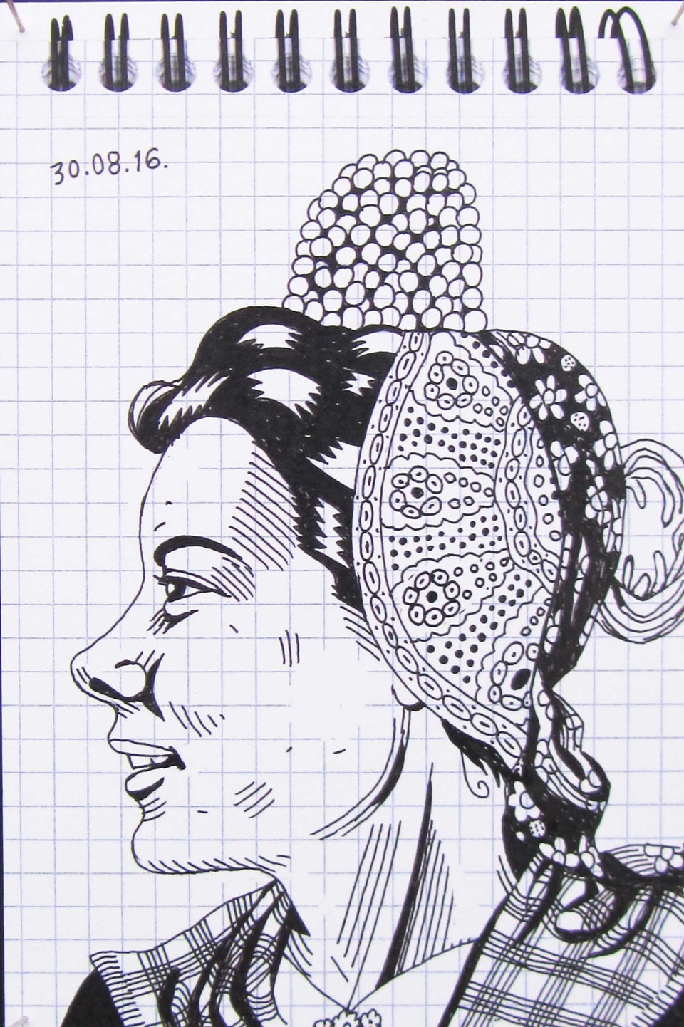 Tuschezeichnung einer Frau mit Kopfbedeckung.