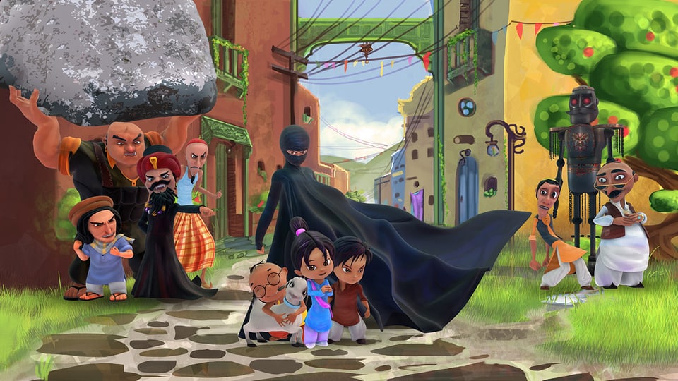 «Burka Avenger» beschützt eine Gruppe Kinder, während im Hintergrund Bösewichte lauern. 