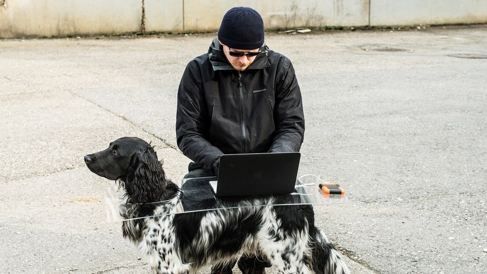 Lukas Wassmann schaut auf einen Laptop. Der Laptop steht auf einem transparenten Tisch, den ein Hund trägt.