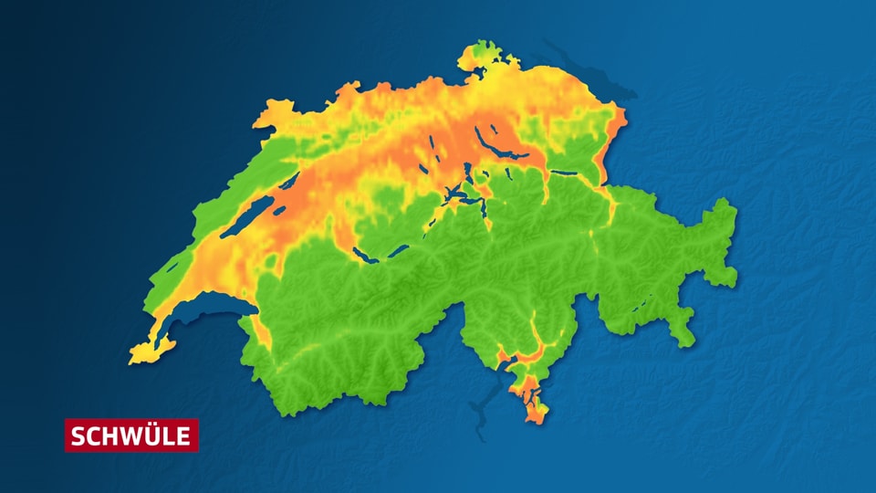23. Juli Auf einer Schweizerkarte sind die Regionen mit hohen Taupunkten orange eingefärbt: die Region Basel, das Mittelland, einige Alpentäler sowie das Mittel- und Südtessin.