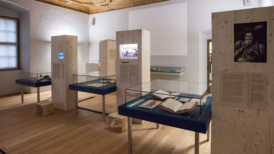 Bücher und Infotafeln aus Holz in einem Museumsraum.