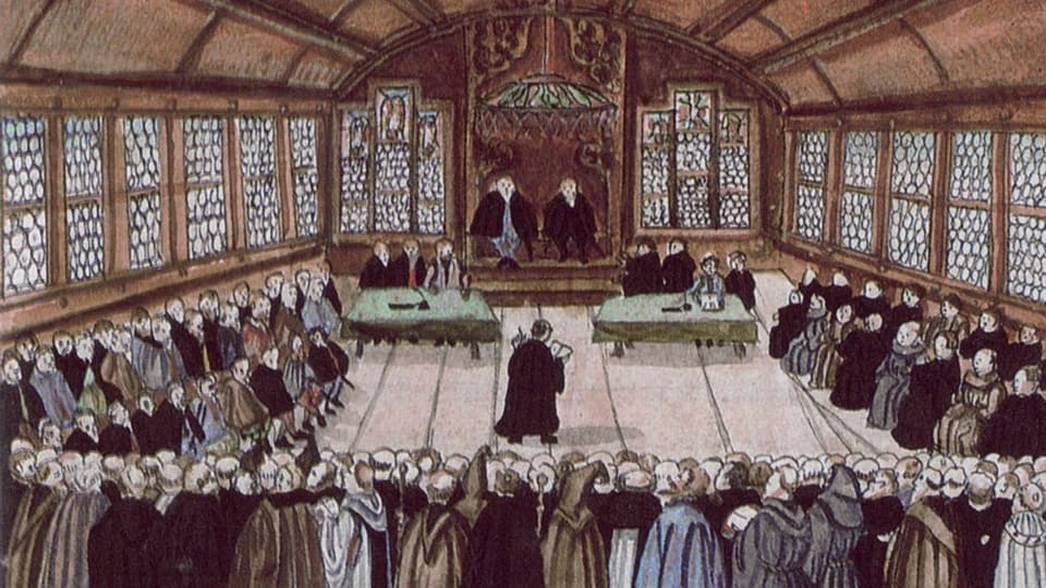 Mittelalterliche Darstellung einer Versammlung, bei der Dutzende Männer im Halbkreis stehen und einem Redner lauschen.