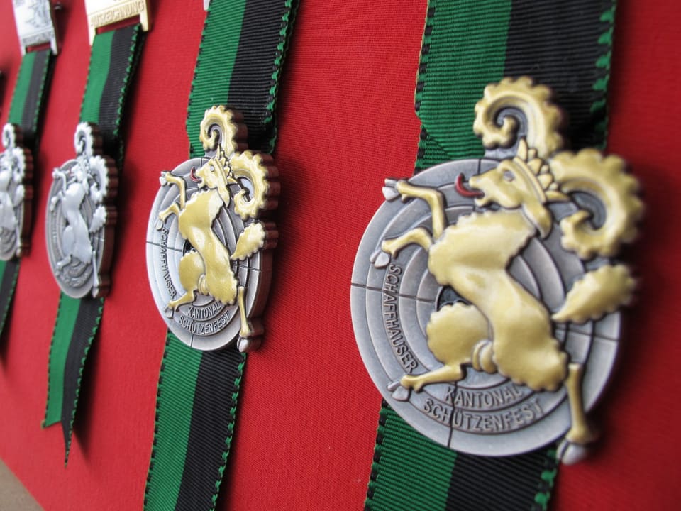 Vier Medaillen, die an einer Wand hängen.