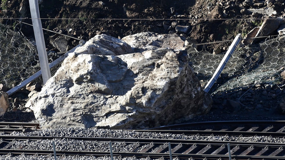 Felsbrocken auf einem Bahn-Geleise.